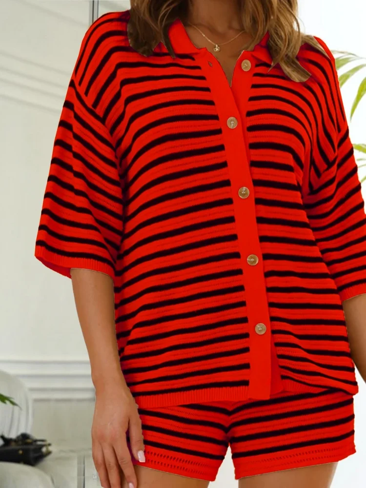 Wmstar 2025 New Women Fashionable Elegant Two Piece Sets Casual Sexy Cut Out Button Knit Short Sleeve Short Pants Sets Stripes