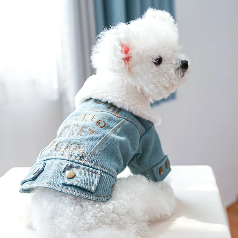 Pet Jacket 1PC Pet Suit Dog Cat Plush Thickened Warm Denim Letter Lapel Cotton Coat for Small and Medium sized Dogs