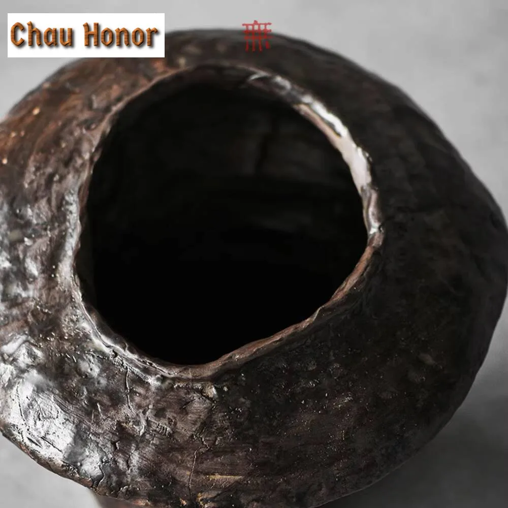 Japanese Black Coarse Pottery Flower Pot Handmade Large Vases Decorated with Floral Ornament Arrangements 22cm Basket Home Craft