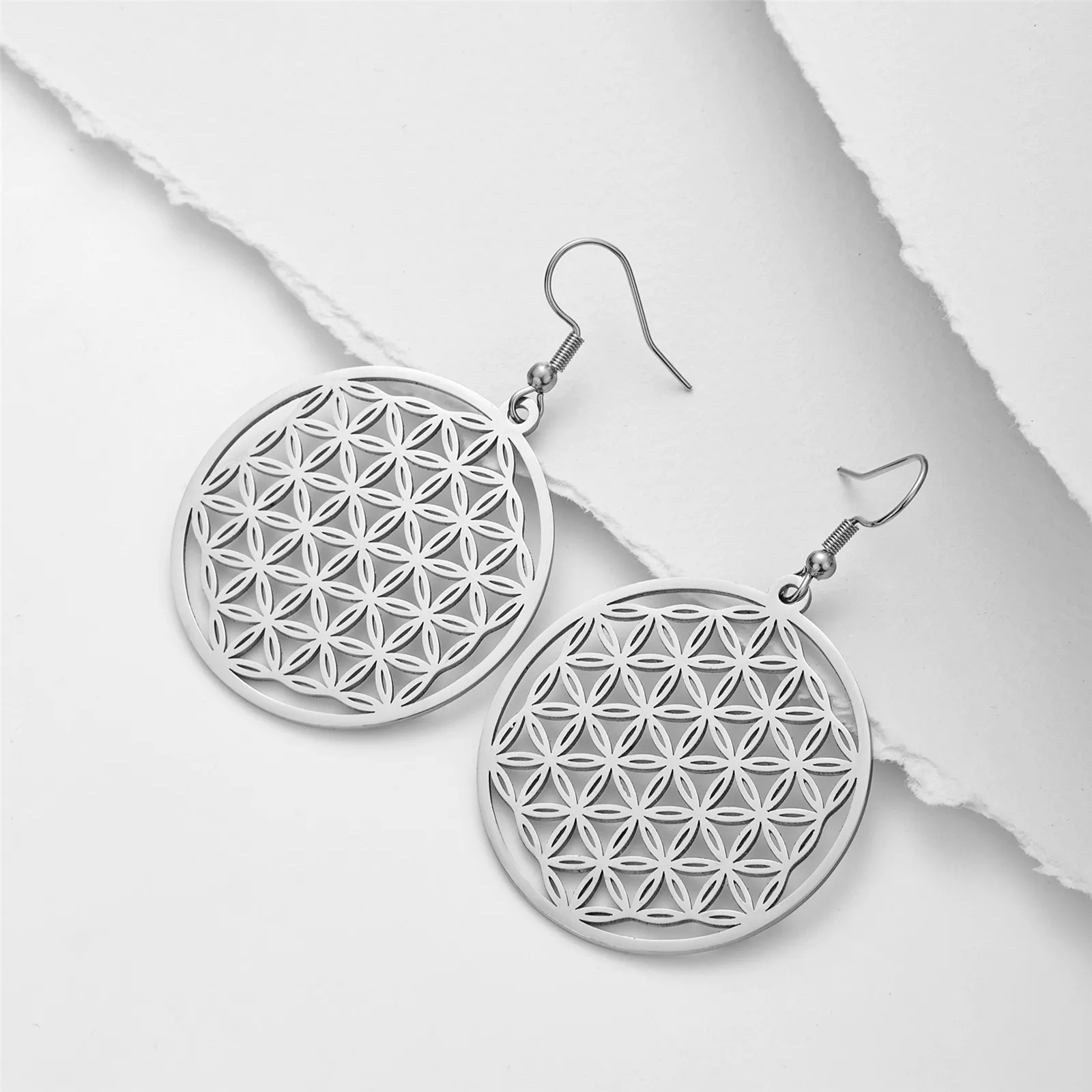 Skyrim Mandala Flower of Life Dangle Earrings Stainless Steel Gold Color Sacred Geometry Drop Earring Jewelry Gift for Women