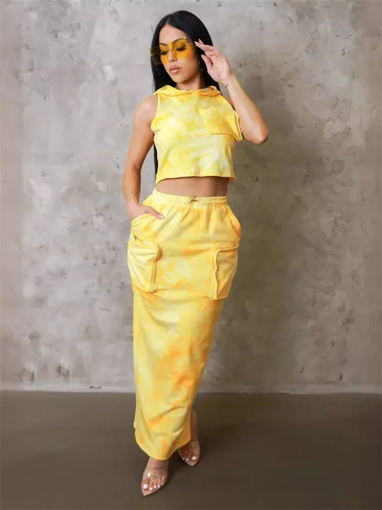 Wmstar Skirts Sets Summer Holiday Sexy Two Piece Set Women Tie Dye Hoodies Crop Top and Maxi Skirt Wholesale Dropshipping 2024