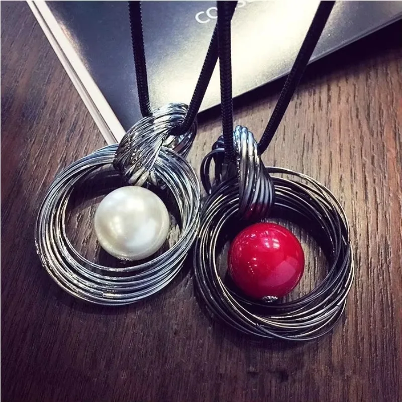 Red White Pearl Ball Pendant Long Necklaces New Circles Simulated Women Black Chain Maxi Necklace Fashion Jewelry Wholesale Gift