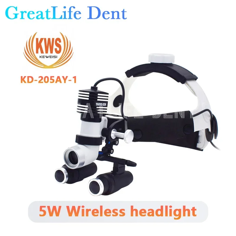 

GreatLife Dent 5W 80000lx KWS 4X 5X 6X LED Surgical Binocular Magnifier Loupes Dental Headlamp NQA KD-205AY Chargeable Headlight