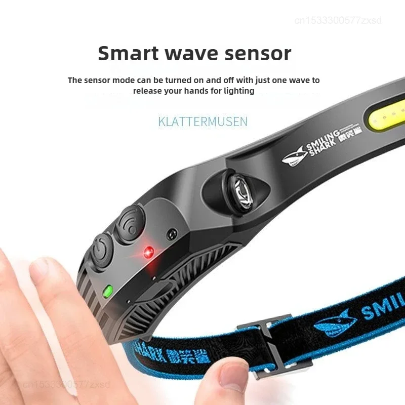 LED Flashlight SMILING SHARK COB Headlamp Powerful Induction LED Sensor Head Torch USB Charging Battery Flashlight Fishing Outdoor Riding