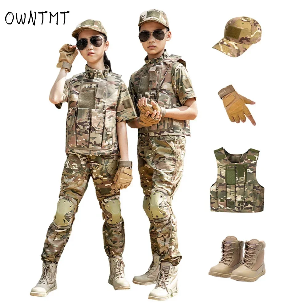 Children's Camo Training Clothes Short Suit Kids Police Cosplay Costume for Kids Boy Girl Outdoor CS Field Camping Military Combat