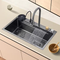 Multifunction Black Nano Kitchen Sink Waterfall Faucet Large Single Bowl Cup Washer Pure Tap Soap Dispenser 304 Stainless Steel 1