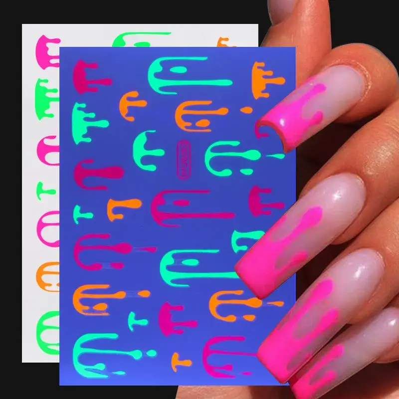 Fluorescent Nail Sticker Neon Color Luminous Nail Decoration 3D Foil Drip Decal Self-Adhesive Sticker Art Design