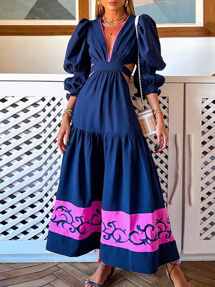

Puff Sleeve Spring Autumn Hollow Out Dress Deep V Neck Sexy Women Maxi Dress Elegant Female Patchwork Loose Casual Dress Vestido