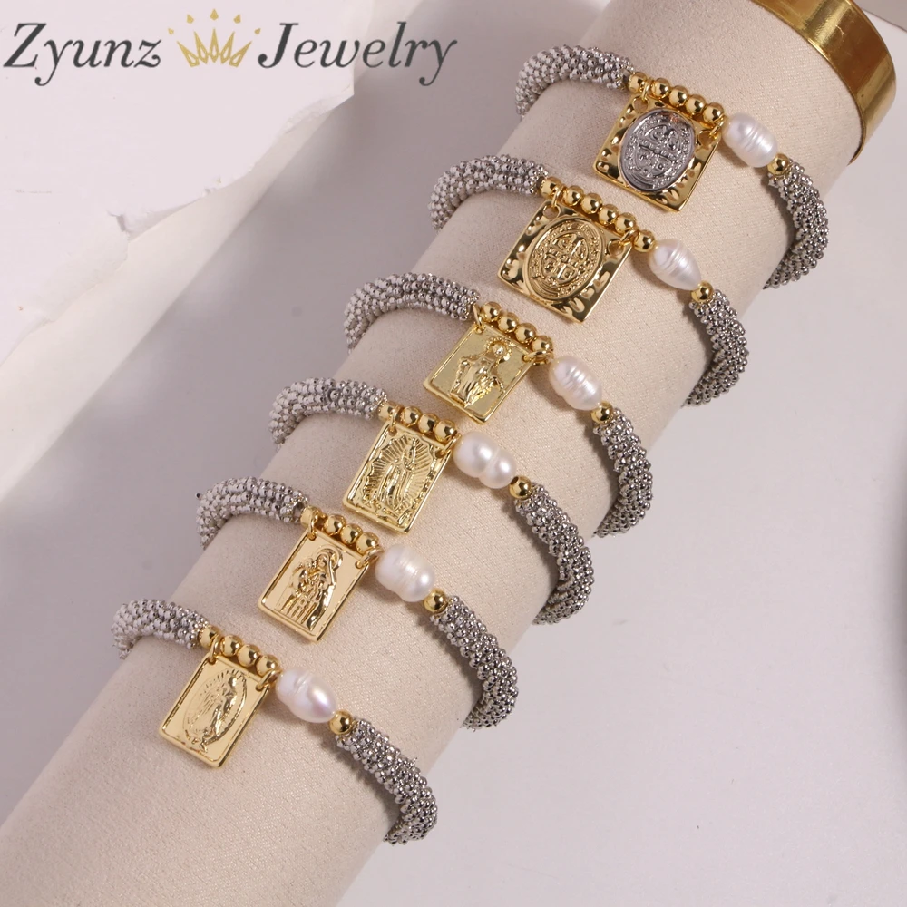 5 uds, nuevo diseño, pulsera de la Virgen María, pulsera elástica de moda con forma de corazón y estrella para mujer, joyería religiosa cruzada delicada, regalo al por mayor