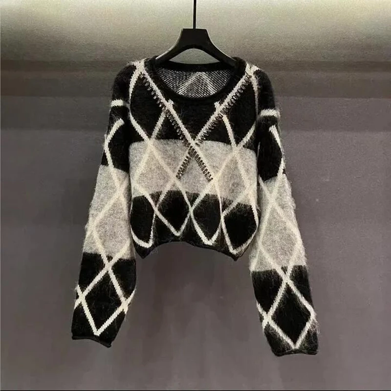 

Осенне-зимний женский трикотажный свитер с круглым вырезом, свободные короткие клетчатые свитера, Модный женский пуловер, трикотажная одежда