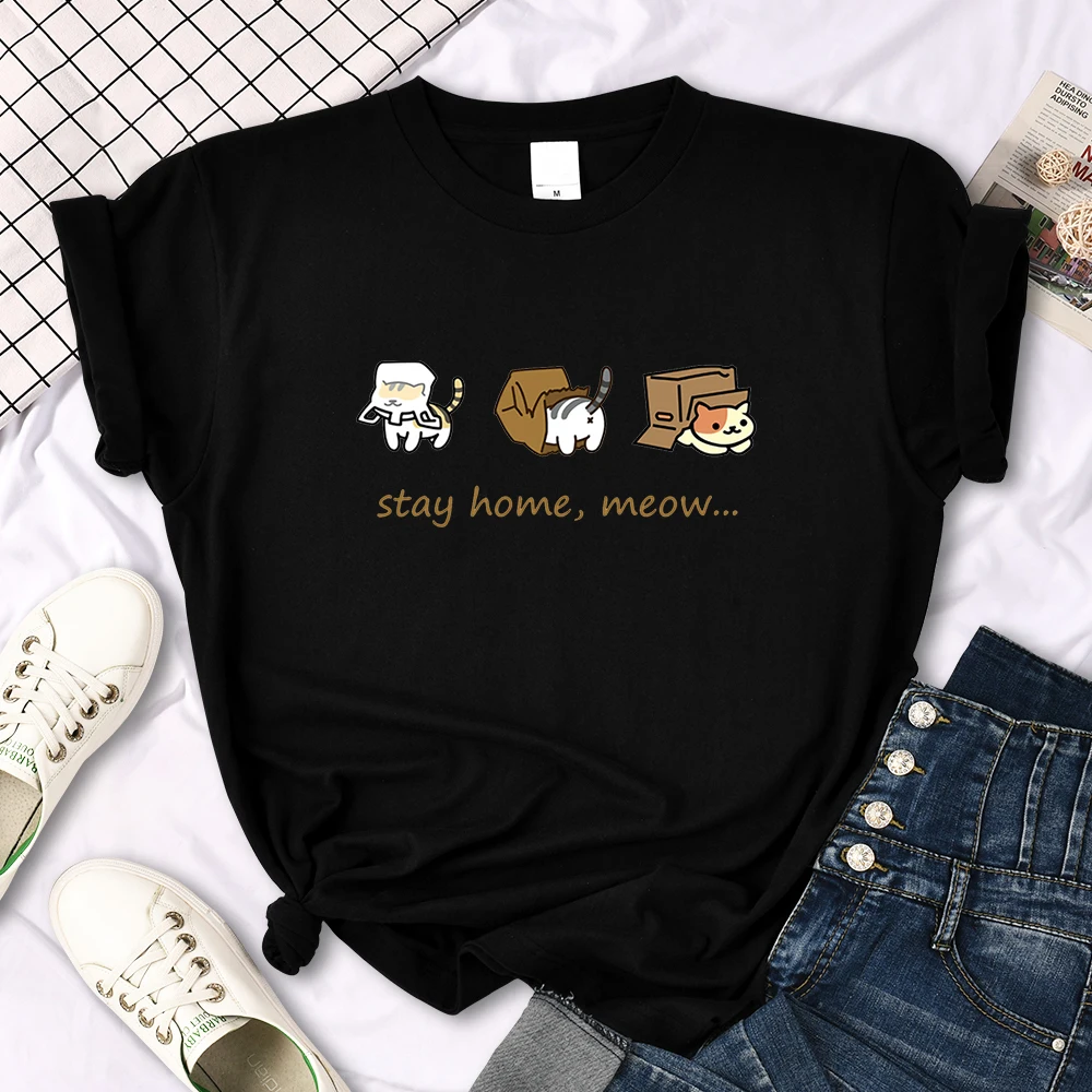 Kawaii Three Mini Cat Animal Stay Home Meow Print Women Tshirts Oversize Tops o-Neck Tee Shirt Casual Style Female Tee Shirts