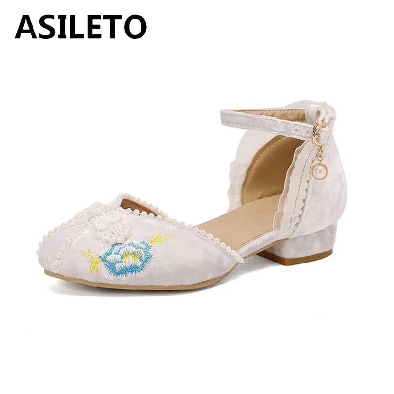 ASILETO 여성용 스위트 중국 빈티지 라운드 토 플랫 진주, 원피스 파티 2.5cm 힐 버클, 빅 사이즈 28 29 30 50 51 52, 신제품 