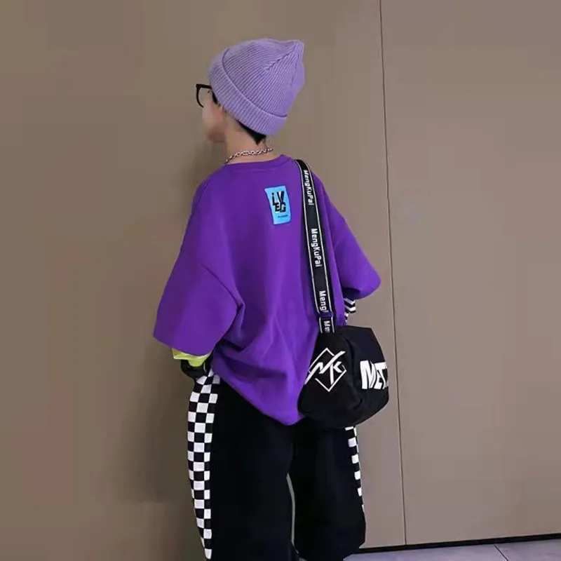 Young Boys' Fake Two Pieces Sweatshirts Pullover O-neck Cartoon Letter Printing Long Sleeve Shirts Striped Patchwork 4-12 Yrs kids sweater kids hoodie sweatshirts