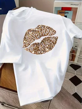 Gold Lips Leopard print T-Shirt for Women, Front & Back Design, Casual Crew Neck Short Sleeve, Versatile Daily Top 2D flat 1