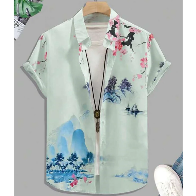 

Men's 3D Landscape Print Short Sleeve Shirt Hawaiian Flower Shirt Caucal Shirt Simple Top Fashion Summer 2023