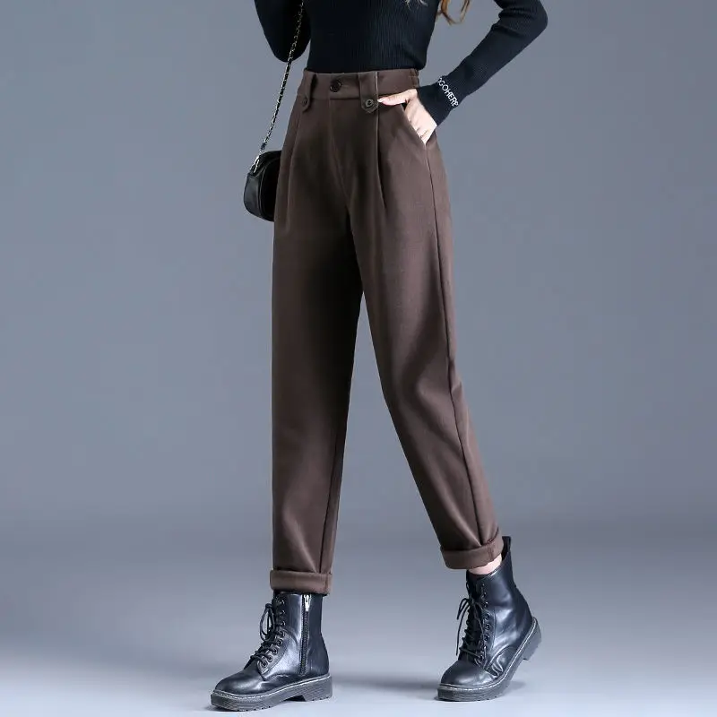Autumn and Winter Women's Solid Color High Waist Slim Loose Straight Pipe Haren Pants Fashion and Casual Office Lady Trousers new woolen pipe pants women autumn winter loose straight high waist tweed casual nine points radish trousers