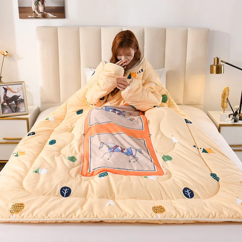 

Winter Lazy Quilt with Sleeves Home Bedding Comforter Printed family Blanket Cape Cloak Nap Blanket Warm Duvet with Filling