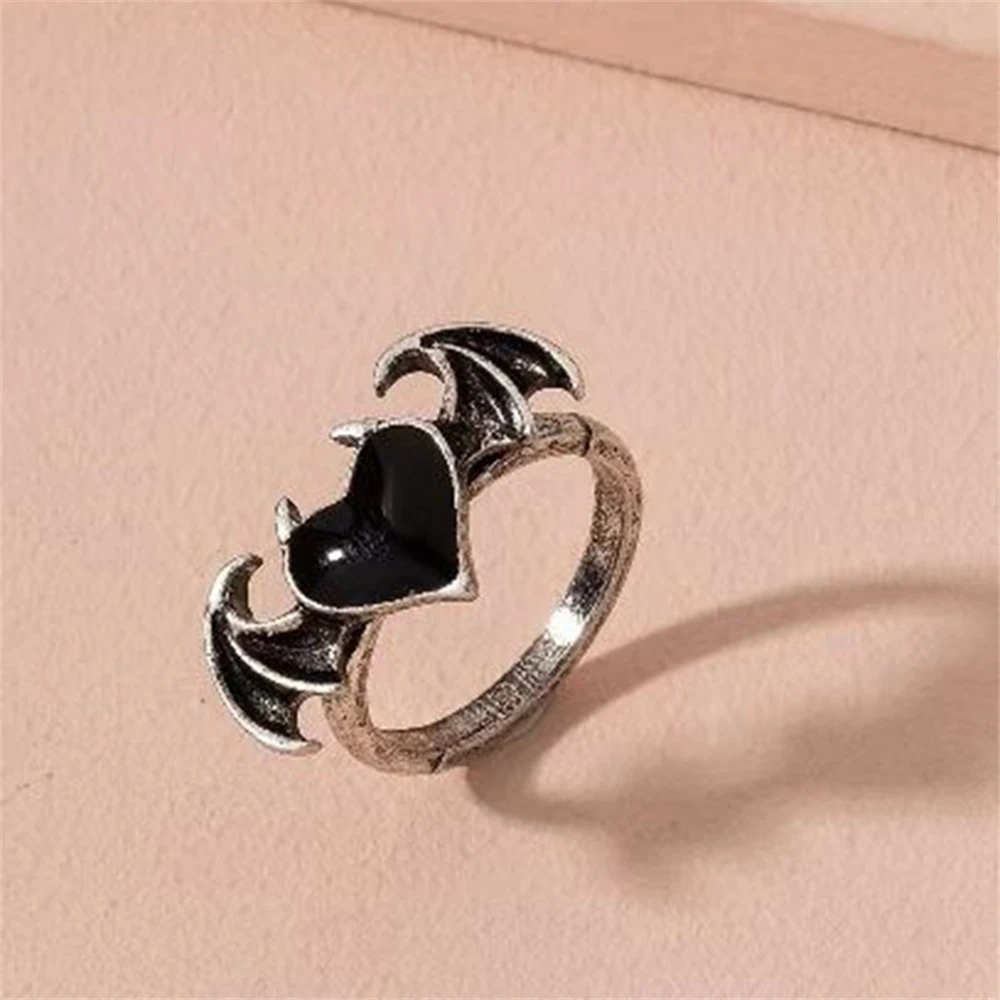 Retro Angel Demon Wings Black Heart Open Finger Ring For Women Men finger ring opening ring sparkling heart ring adjustable rings