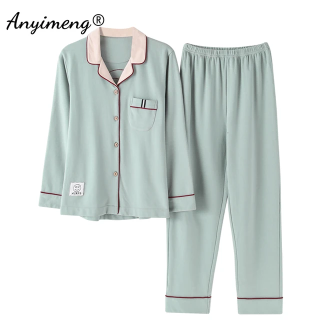 Autumn Winter New Knitted Cotton Pajamas for Women Turn-down Collar Light  Green Nightwear Leisure Homesuit