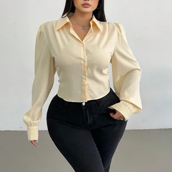 Plus Size Curvy Women Cream Satin Crop Shirt Lapel Collar Puff Long Sleeve Button Down Elegant Office Commuter Short Blouse Slim