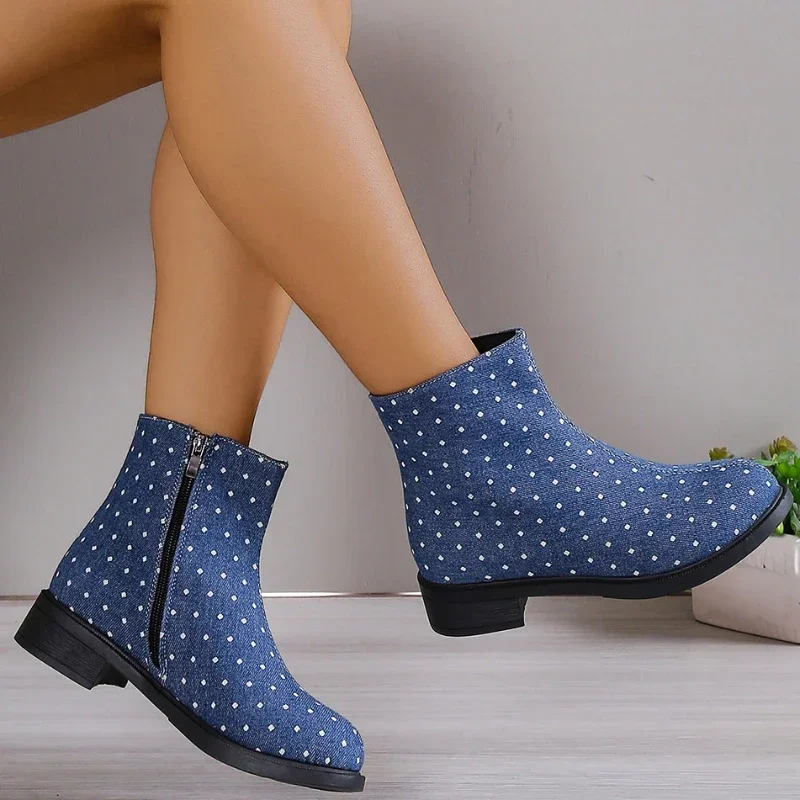 

Женские ботинки на молнии, однотонные джинсовые ботинки с круглым носком, на массивном каблуке, осень 2023