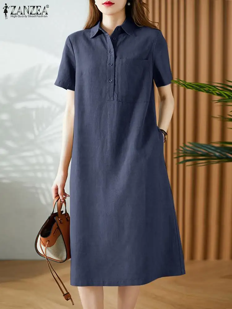 

Summer Fashion Solid Shirt Dress Women Short Sleeve Button Lapel Sundress ZANZEA Casual Holiday OL Vestidos Femme Party Robe