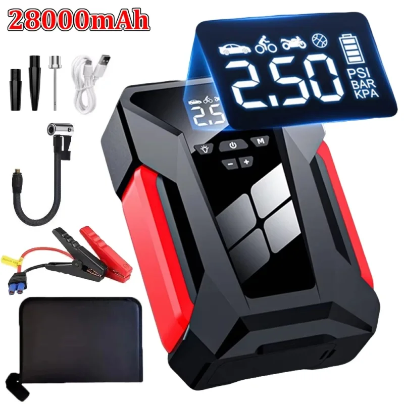 Démarreur de Voiture 10000 mAh 1600A, Gonfleur de Pneus Portable, Compresseur d'Air, Éclairage, Batterie Externe d'Urgence Automobile 1