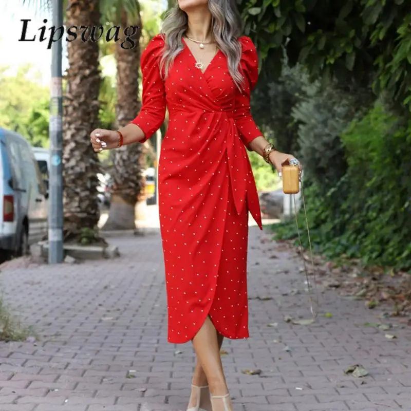 

Fashion Polka Dot Bubble Sleeve Party Dress Women Elegant V-Neck Slim Split Dress Casual Lace-Up Commuter Office Long Dresses