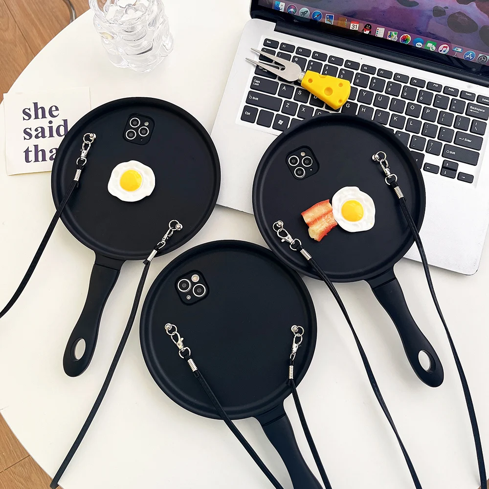 Crossbody Strap 3D Frying Pan Phone Case - Cute Shockproof Pot INS Fashion Cover