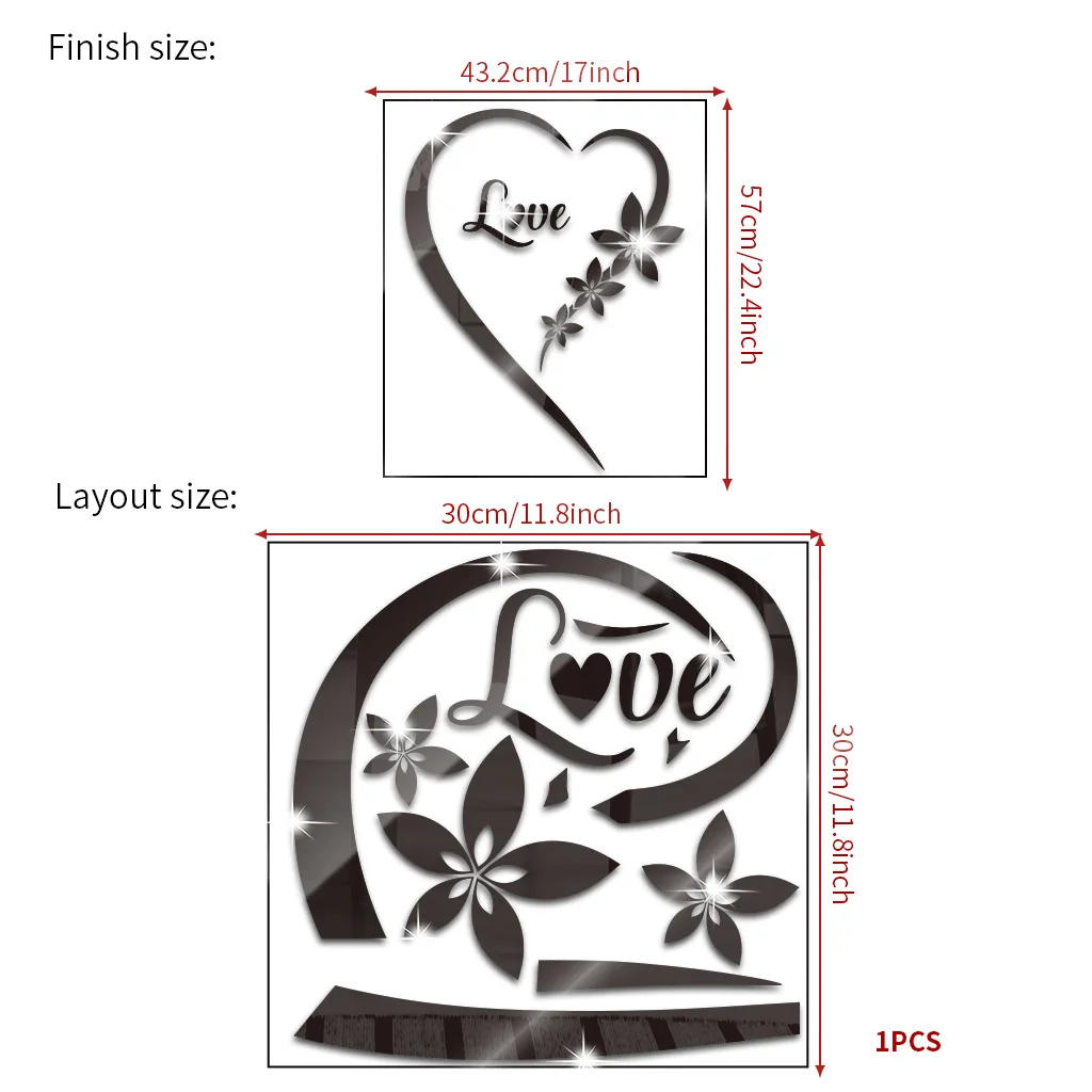 1Pc/Set Durable Love Heart Stickers Wall Sticker Mirror Mural 3D Decal Simple DIY Decorative Removable Paster Home Decoration wall sticker mirror wall sticker
