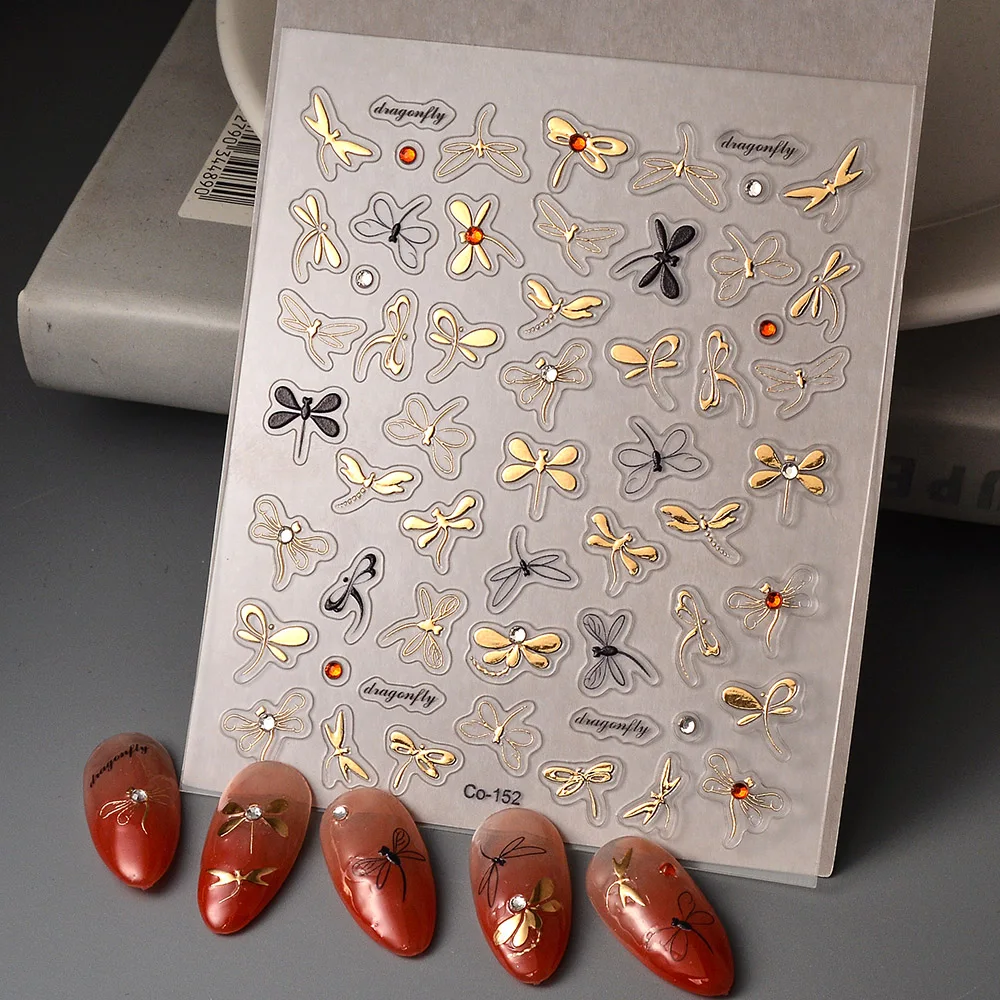 Luxury Series Dragonfly Golden Rhinestones Unique 5D Nail Stickers Back Glue Nail Sliders 2