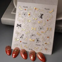 Luxury Series Dragonfly Golden Rhinestones Unique 5D Nail Stickers Back Glue Nail Sliders 2