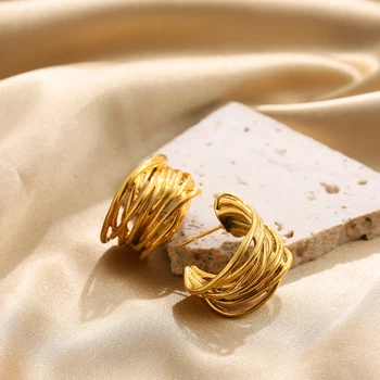 New Trendy Multilayer Hollow Line Texture Hoop Earrings for Women Golden Color C Shape Creative Earring Minimalist Jewelry Gift
