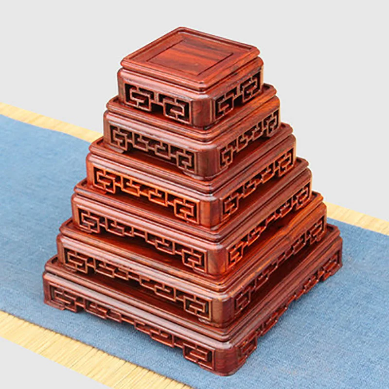 Square Redwood Carve Base, Hollow Out Pedestal, Nature Redwood Display Shelf, Flower Stands, Vase Tray, Planter Pots