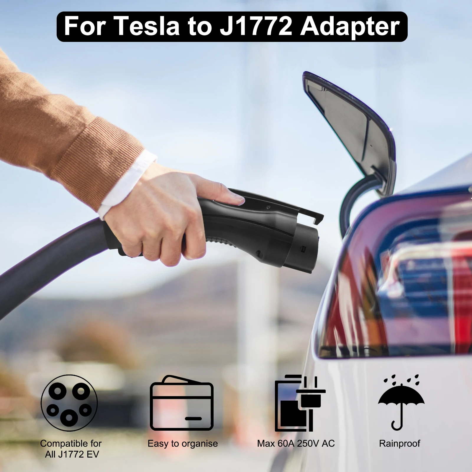

Safety Charger Adapter for J1772 EVS EV Charging Adapter Converter for Tesla To J1772 Adapter Max 60A 250V Security Lock Charger