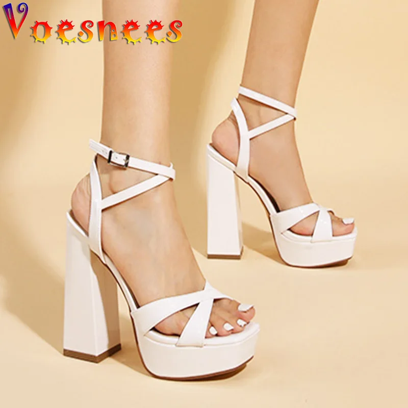 Ladies White Hollow Design Platform Sandals Sexy Slingback Buckle Strap High Heels Summer Dress Fashion Square Head Shoes Women