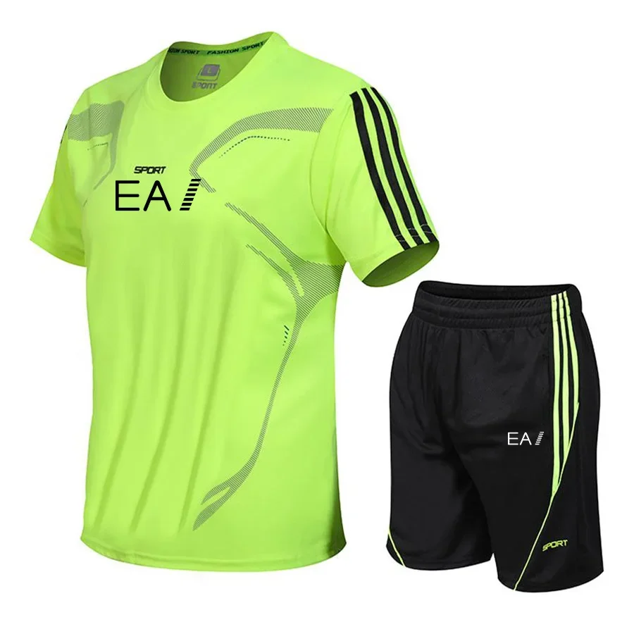 2025 Men's fashion fast drying short-sleeved T-shirt + shorts two-piece summer breathable leisure fitness jogging suit 6