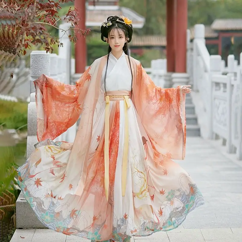 Китайский стиль весна-осень кленовый Linglu Hanfu Женский стиль Цзинь и Вэй юбка с перекрестным воротником и талией осенне-зимний полный комплект