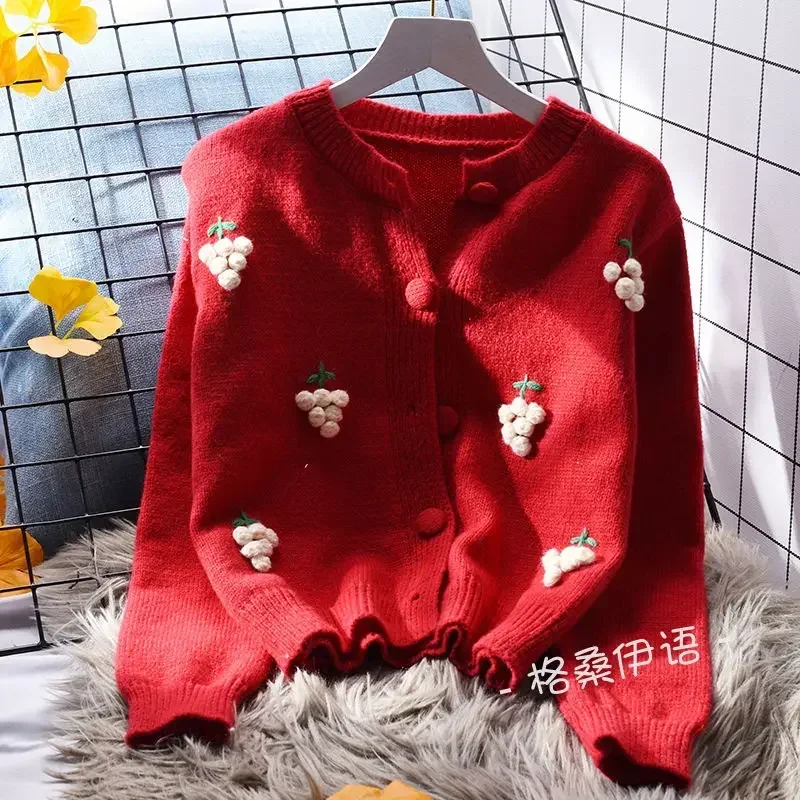 DAYIFUN 여성용 스위트 O넥 니트 가디건, 일본 카와이 3D 자수 짧은 스웨터, 레이디 루즈 용수철 겉옷 상의, 신상