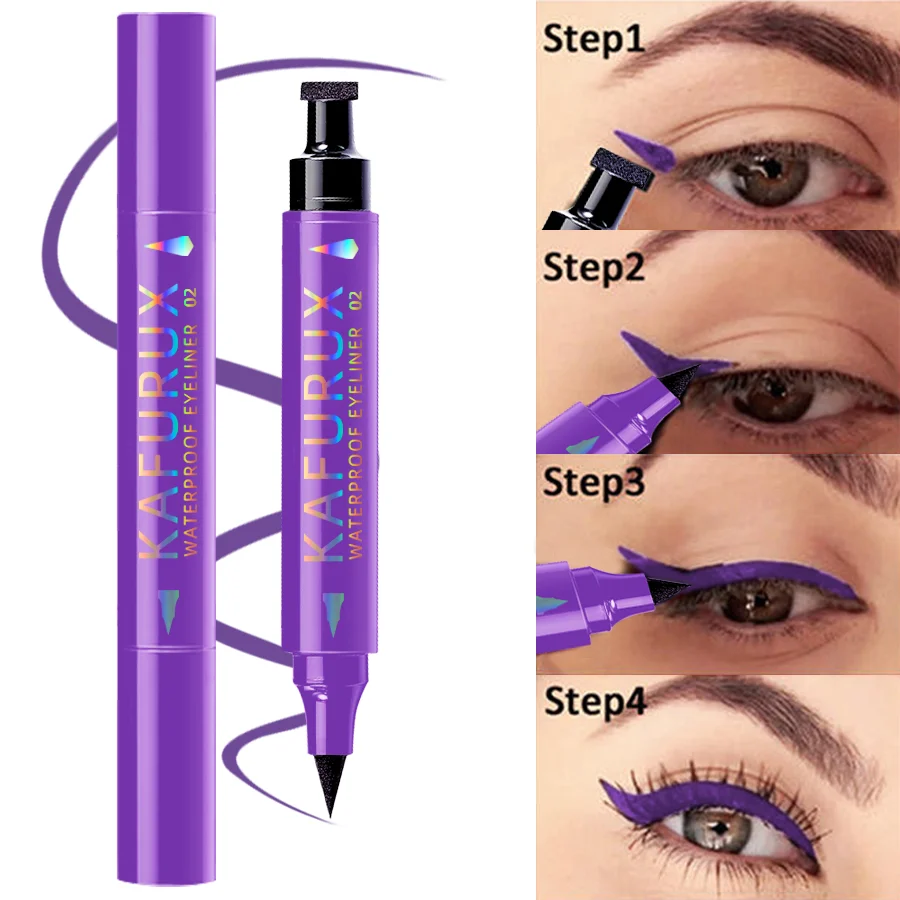 3 Colors Double Head Star Seal Eyeliner Waterproof Stamp Pen Black Blue Purple Eye Liner Pencil Fast Drying Lazy Eye Makeup 5