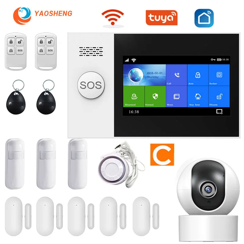 YS PG107 Tuya Security Alarm System Kit Smartlife App Control With Ip Camera Auto Dial Motion Detector WIFI Gsm Home Smart Alarm ring keypad red light Alarms & Sensors