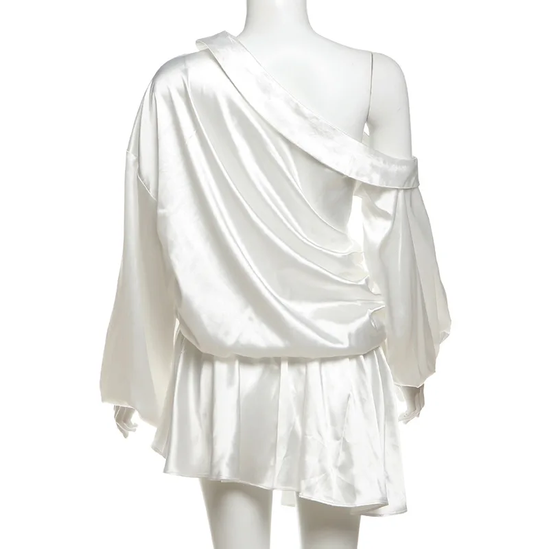 Elegant Draped Mini Dress For Women Sexy Backless Irregular Skew Collar Long Sleeve Party Dresses Solid High Waist