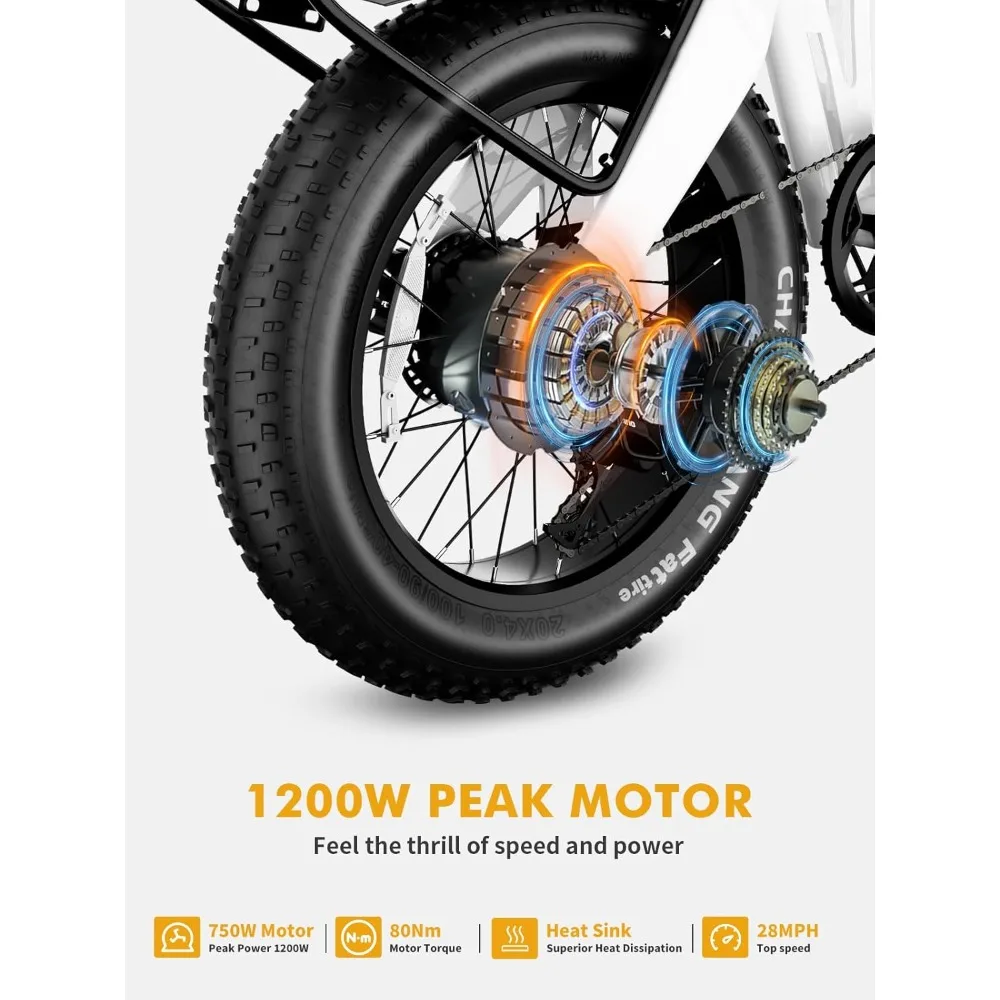 Electric Bike for Adults 1200W Peak, 28/30MPH 60 Miles,720WH Battery 20x 4.0 Fat Tire Ebikes Foldable