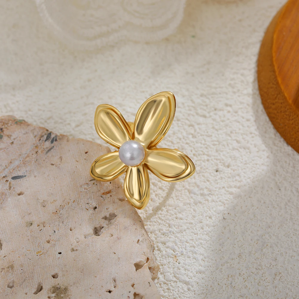 INS Hot Sale Flower Pearl Ring for Women Stainless Steel Texture Anti Allergic Pearls Open Rings High Quality Jewelry Gift 2025