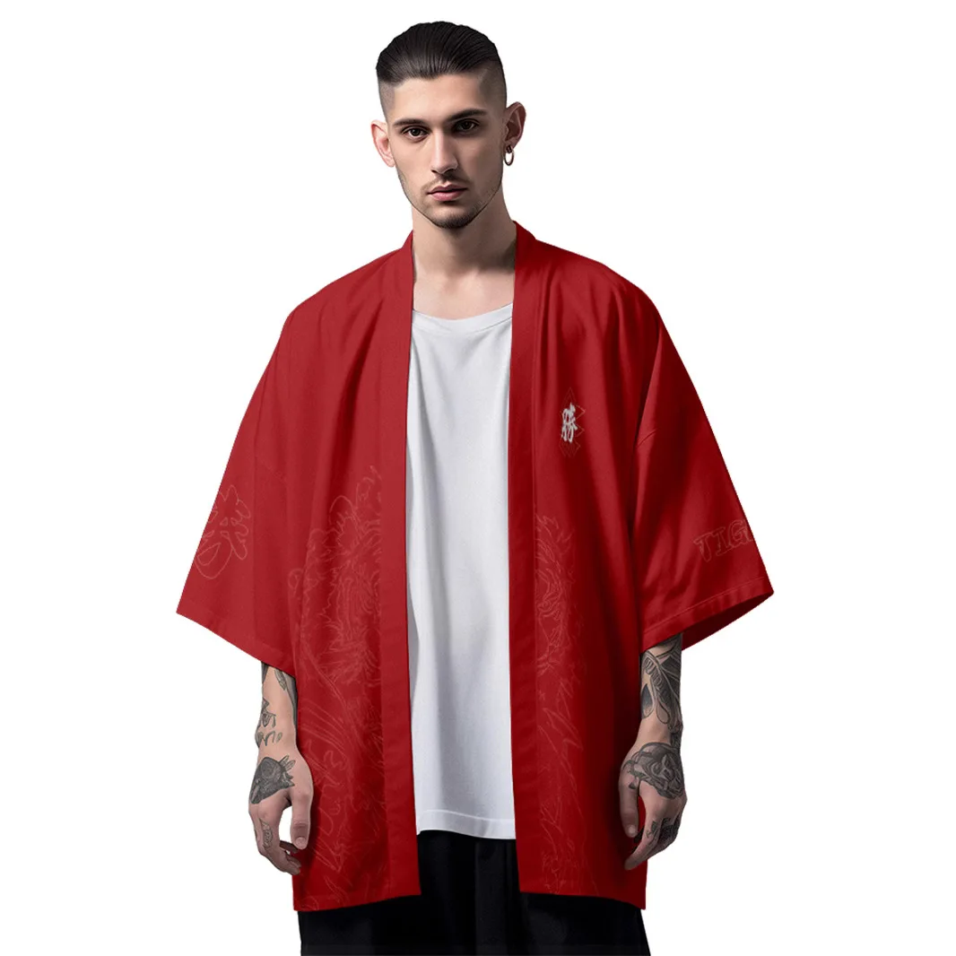 Japanese Tiger Samurai Print Black Red Kimono Cardigan Cosplay Shirt Blouse for Women Men Yukata Beach Haori Traditional Top