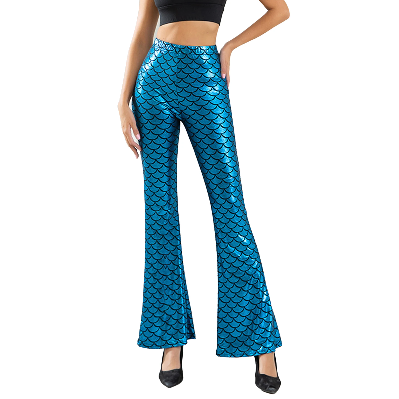 

Womens Fish Scale Printed Flared Pants Metallic High Waist Elastic Waistband Bell-Bottomed Trousers Role Play Costume Clubwear