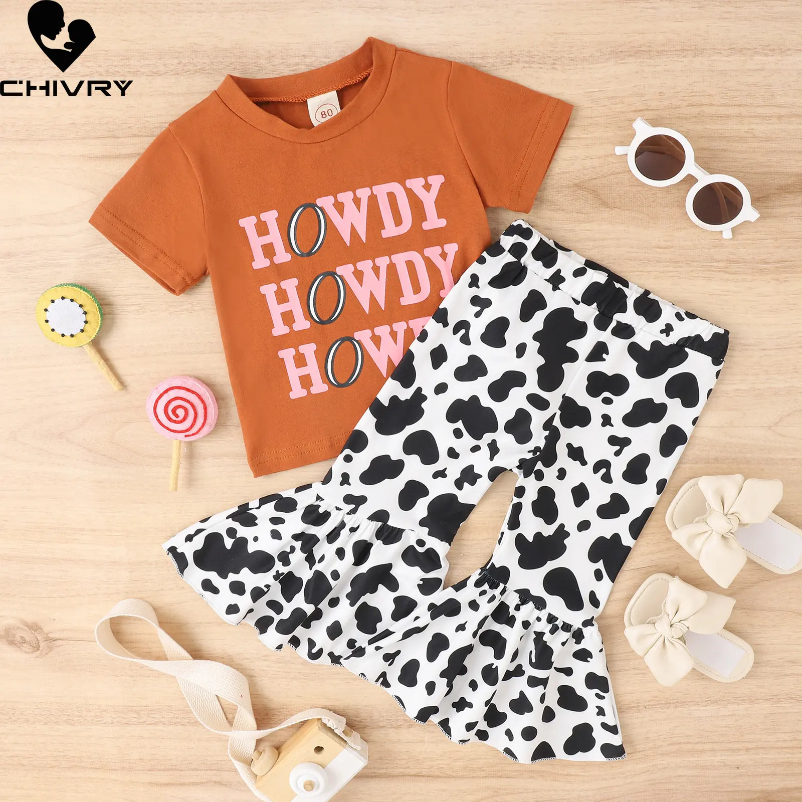

Baby Girl Clothing Sets New 2023 Summer Girls Cartoon Short Sleeve O-neck T-shirt Tops with Fashion Floral Print Flared Trousers