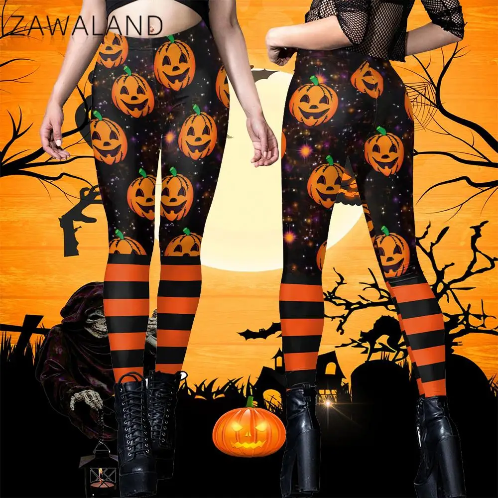 

Zawaland Strips Pumpkin Print Leggings Halloween Mid Waist Fitness Workout Trousers Pants Woman Sexy Slim Stretch Legging