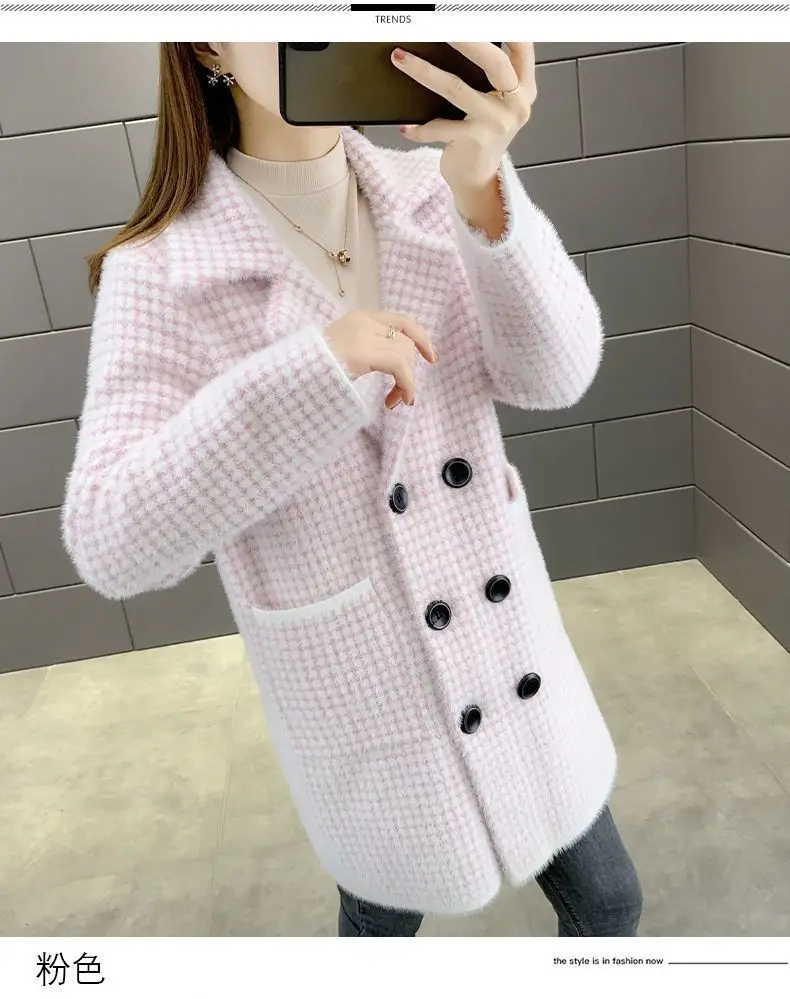 Imitation mink velvet coat women's medium long plaid coat autumn winter thick loose suit collar warm autumn winter coat