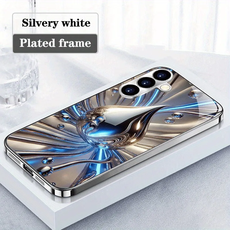 Blue Silver Electroplated Fluid Drop Pattern Glass Phone Case